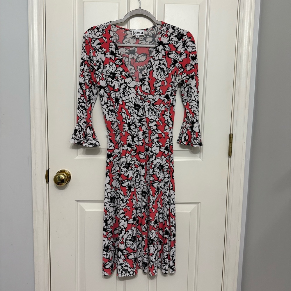 Leota Coral and Black Floral Midi Dress